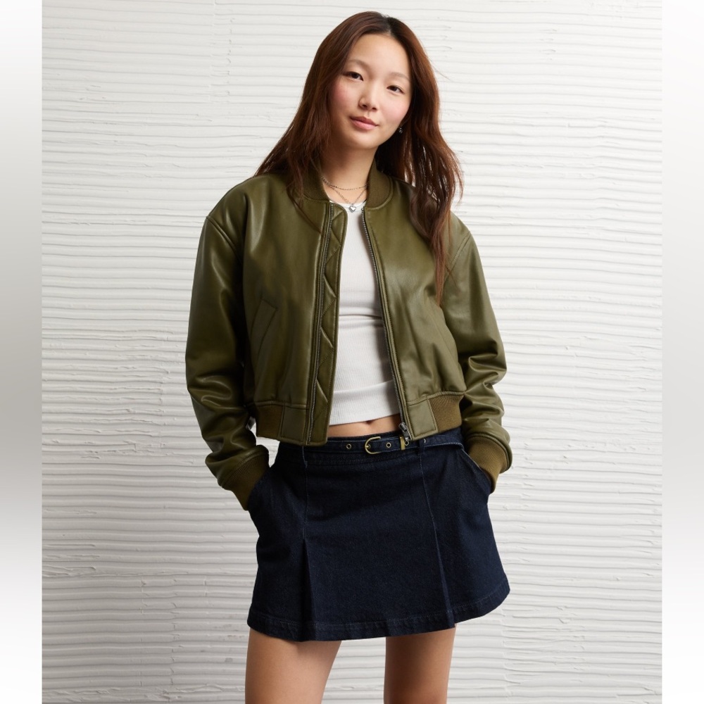 NWT American Eagle Faux Leather Cropped Bomber Jacket
